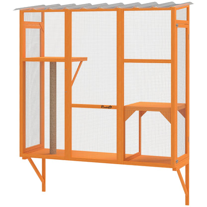 Wooden Catio Outdoor, Cat Window Box Enclosure for 2-3 Large Cats with 2 Jumping Platforms & Scratching Post, Grey