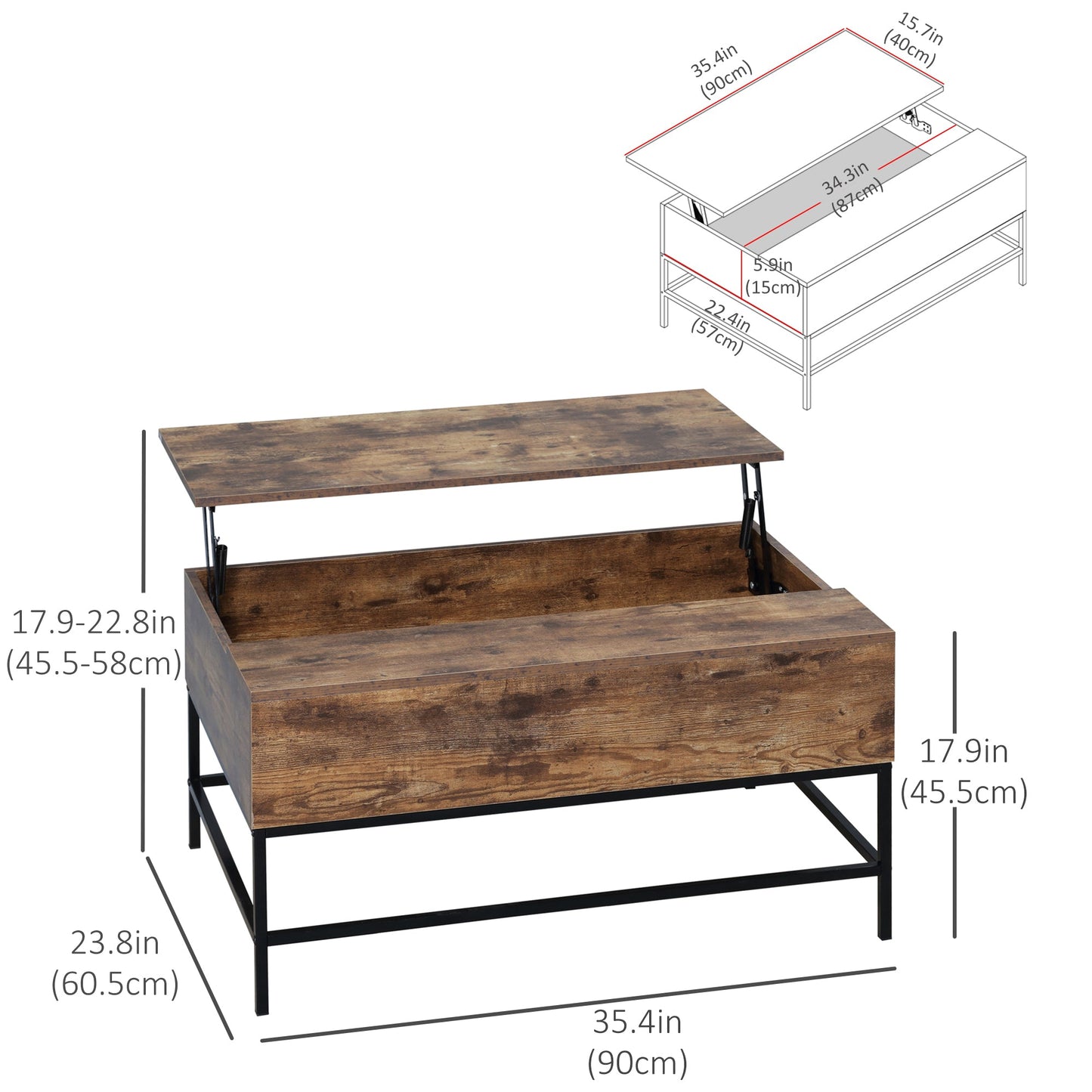 Reese Lift Top Coffee Table with Hidden Storage Compartment-Rustic Brown