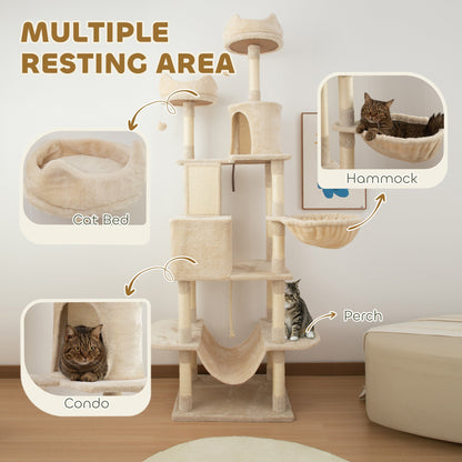 81" Large Cat Tree w/ Scratching Posts, Condos, Beds, Hammocks, Jumping Platforms, Toy Balls, Rope Cat Toy, Beige