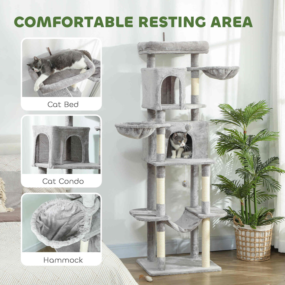 69" Cat Tree, Multi-Level Cat Tower with 2 Condos, Plush Perch and Sisal Scratching Posts, Dark Grey