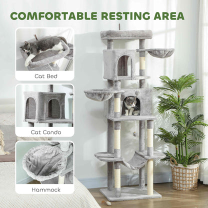 69" Cat Tree, Multi-Level Cat Tower with 2 Condos, Plush Perch and Sisal Scratching Posts, Dark Grey