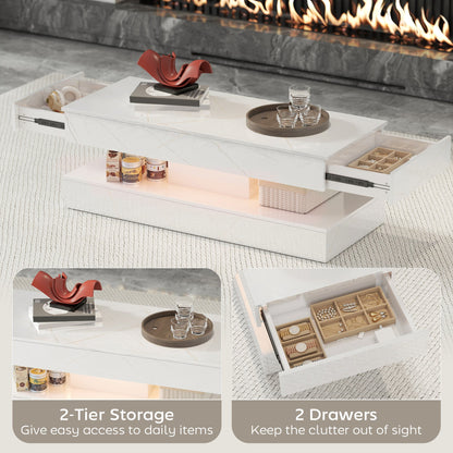 Coffee Table with Adjustable LED Lights, Modern Living Room Table with 2 Drawers, Open Shelf, Remote, High Gloss White