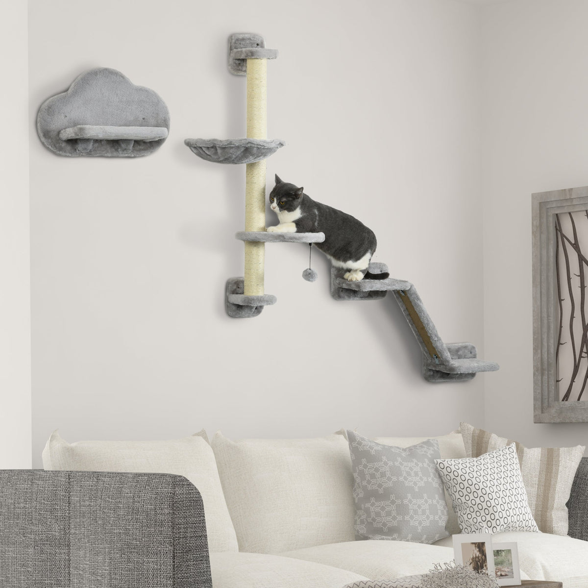 3PCs Cat Shelves with Hammock, Scratching Posts, Platforms, Grey