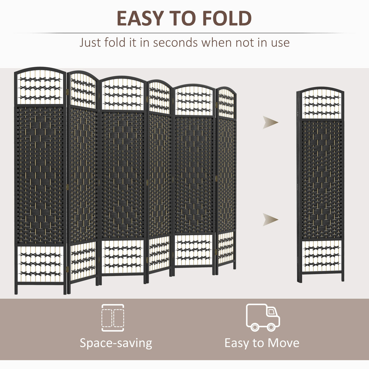 4 Panel Folding Room Divider, Portable Privacy Screen, Wave Fiber Room Partition for Home Office, Black