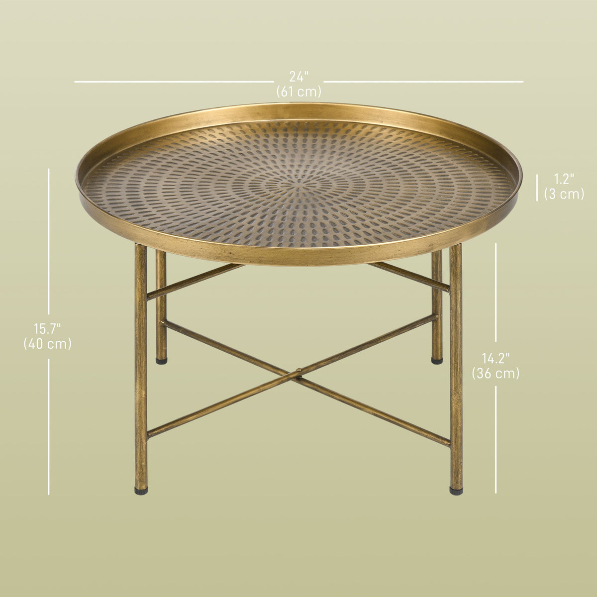 Dessie 24" Vintage Coffee Table with Hammered Tray Top and Metal Frame-Gold