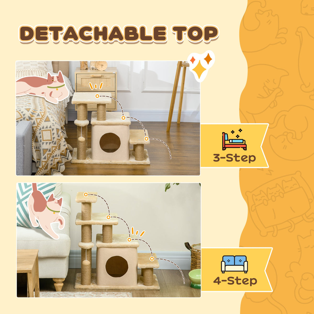 Cat Stairs Pet Steps for Couch Bed with Scratching Posts Condo Ball Toy, 23.6" x 15.7" x 26", Grey