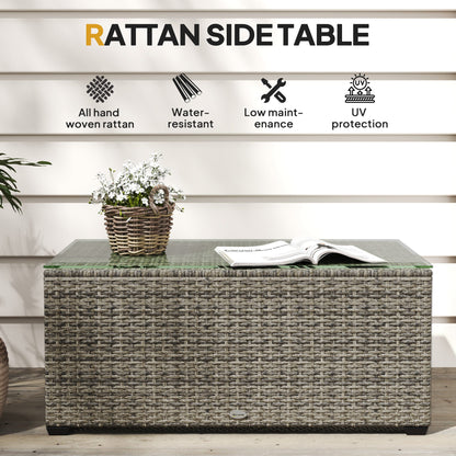 Wicker Outdoor Coffee Table, PE Wicker Rectangular Patio Table with Tempered Glass Top for Garden, Balcony, Dark Grey