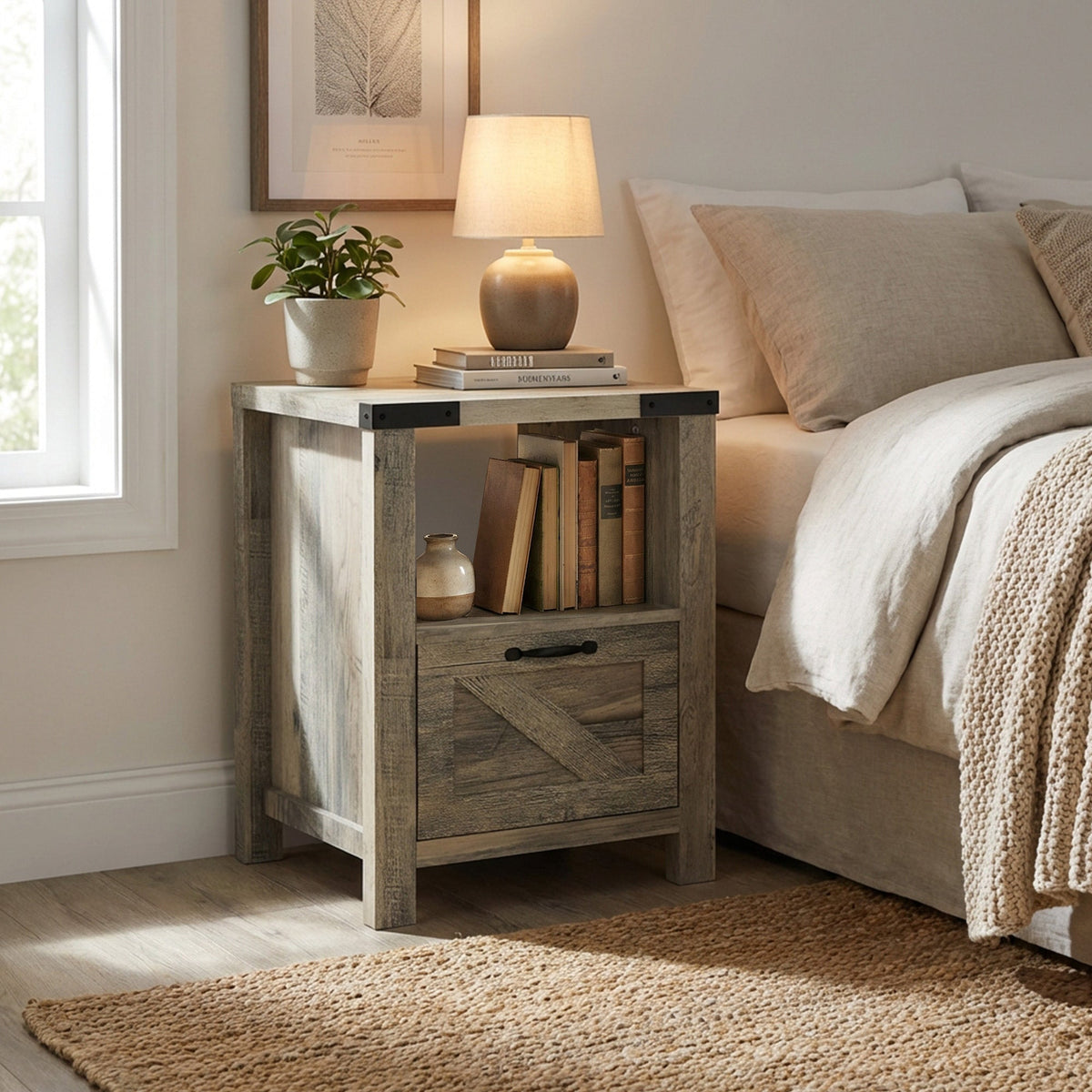 Side Table with Storage, Farmhouse End Table with Drawer, Open Shelf and Barn-style Panel, Nightstand for Living Room, Bedroom, Oak