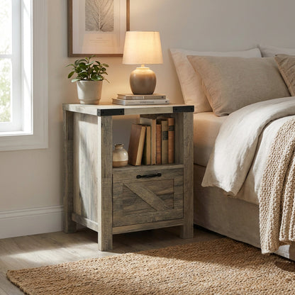 Side Table with Storage, Farmhouse End Table with Drawer, Open Shelf and Barn-style Panel, Nightstand for Living Room, Bedroom, Oak