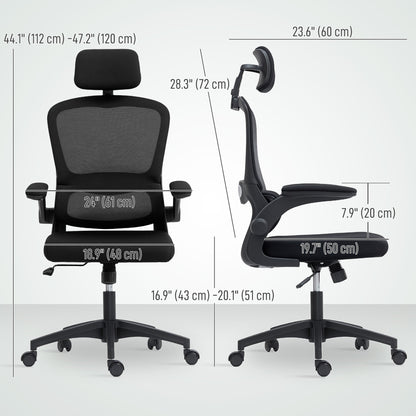 Ergonomic Mesh Office Chair, High Back Desk Chair with Rotatable Headrest, Flip-Up Armrests, Lumbar Support, Black