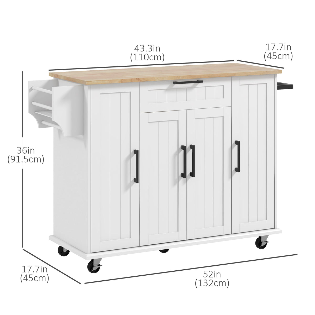 Modern Rolling Kitchen Island Cart with Drawers, Natural Wood Top, Towel Rack, Door Storage Cabinet, Black