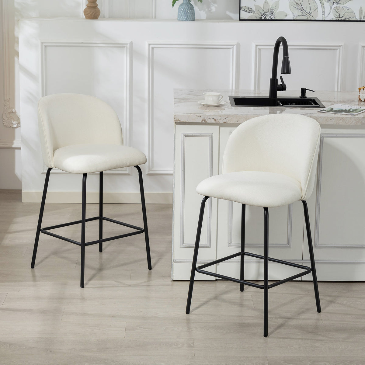 Set of 2 Counter Height Barstools, Upholstered Linen Bar Stools with Backrest, Footrest and Steel Legs, Dark Grey