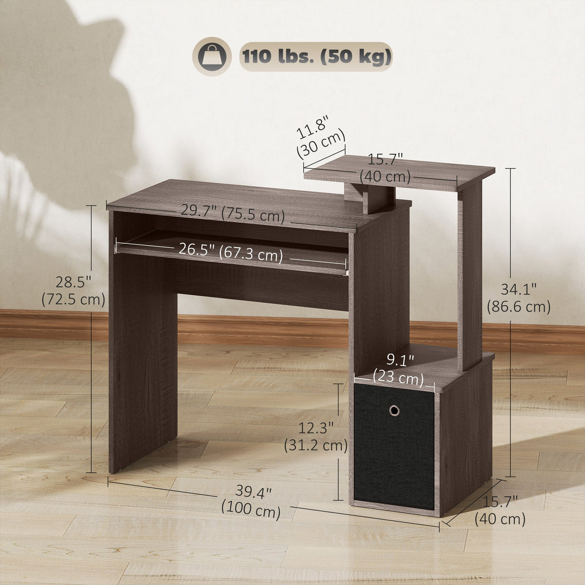 Computer Desk with Sliding Keyboard Tray Storage Drawer Shelf Home Office Workstation Grey