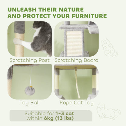 81" Large Cat Tree w/ Scratching Posts, Condos, Beds, Hammocks, Jumping Platforms, Toy Balls, Rope Cat Toy, Beige