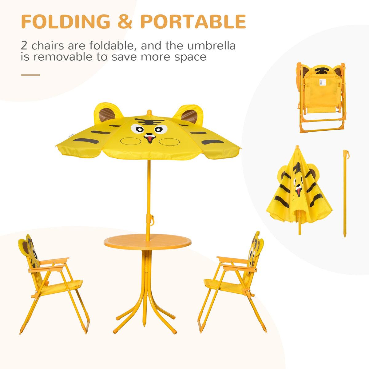Kids Folding Picnic Table and Chair Set Pattern Outdoor Garden Patio Backyard with Removable & Height Adjustable Sun Umbrella Brown