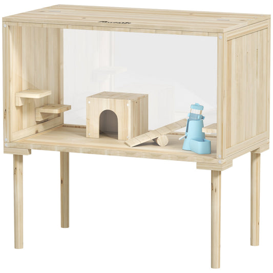 28"L Wooden Hamster Cage with Seesaw, Water Bottle, Food Dish, Hut, Transparent Panel for Easy Observe, Nature Wood