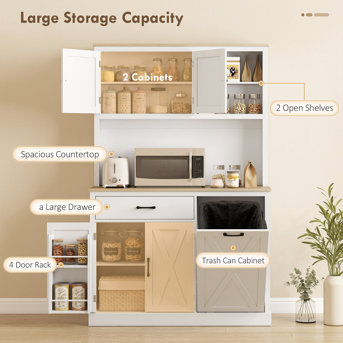 69" Pantry Cabinet with Charging Station, Kitchen Cabinet with Microwave Stand, Tilt-Out Trash Can Cabinet, Black