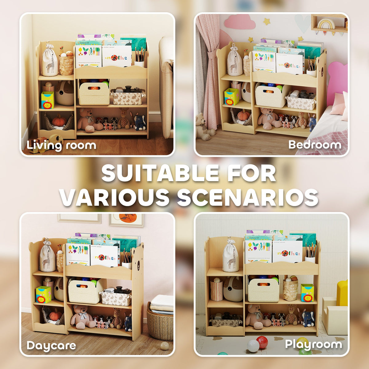 Kids Bookshelf and Toy Storage Organizer, 3 Tier Montessori Toy Organizer with Open Display for Nursery, Natural