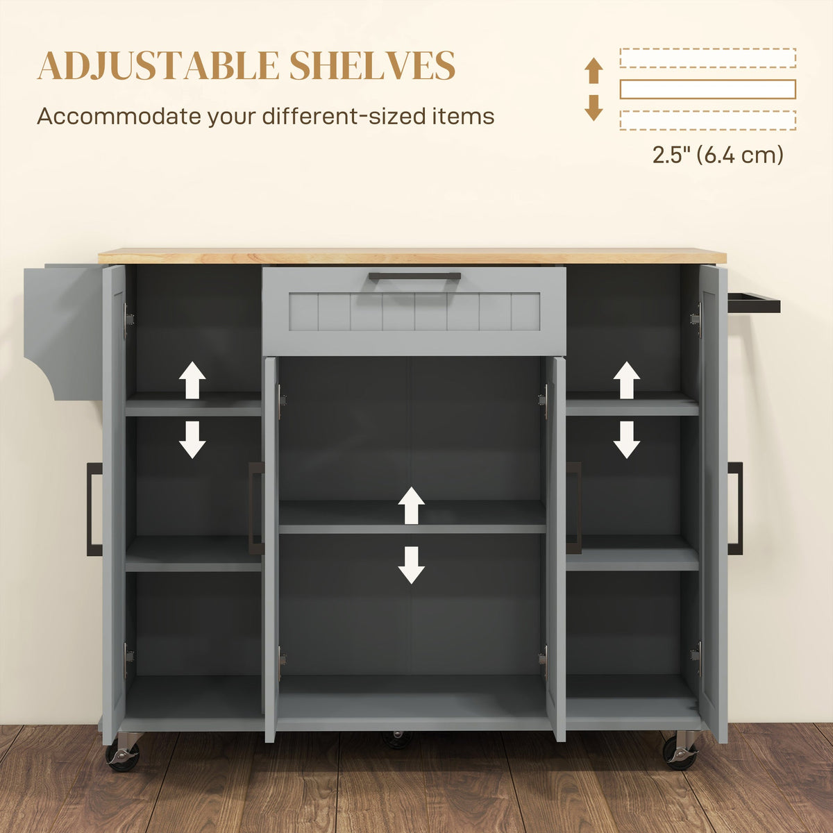 Modern Rolling Kitchen Island Cart with Drawers, Natural Wood Top, Towel Rack, Door Storage Cabinet, Black