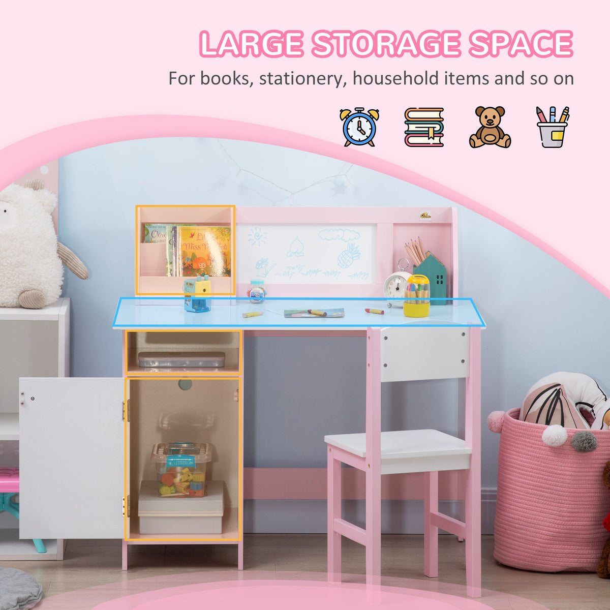 2Pcs Kids Desk and Chair Set with Whiteboard, Storage, Shelves, Grey