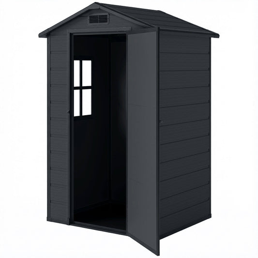 4' x 3' Plastic Garden Shed with Floor, Outdoor Small Shed with Lockable Door, Window and Vent, Dark Grey