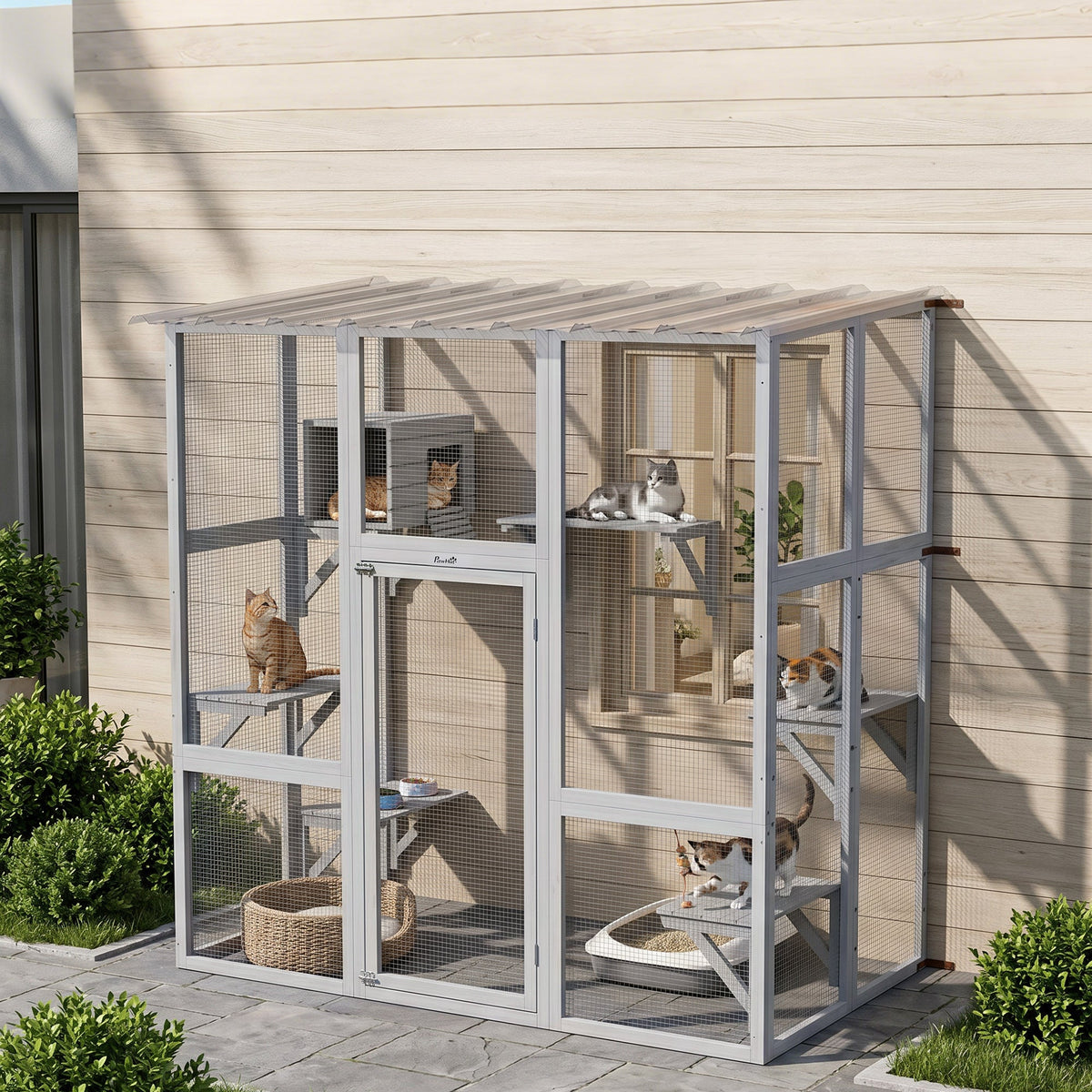 Large Outdoor Catio with Weatherproof Roof, Bridge, Resting Box, Platforms, Grey