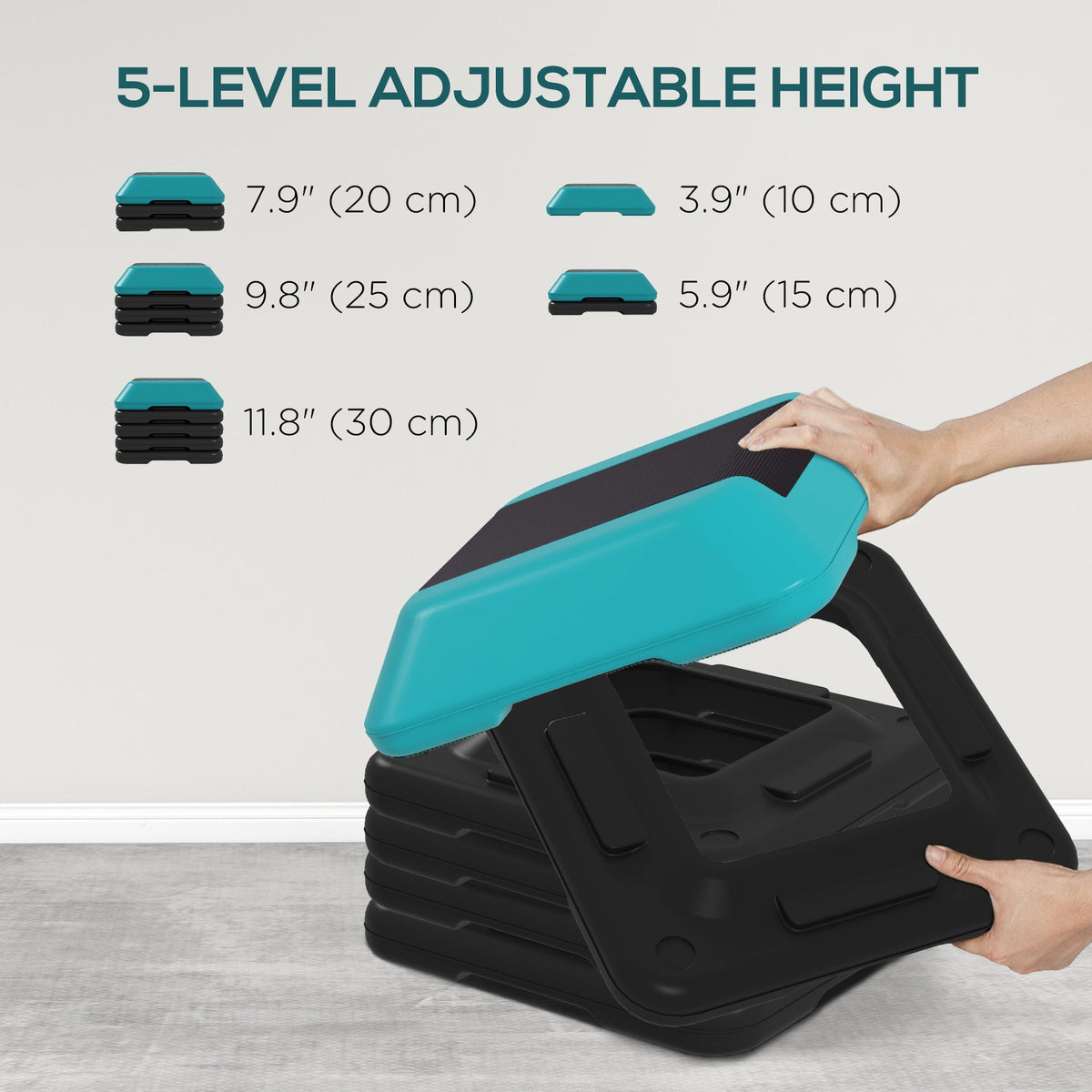 5-Level Height Adjustable Stepper, Aerobic Exercise Step Platform, 4" 6" 8" 10" 12", Blue