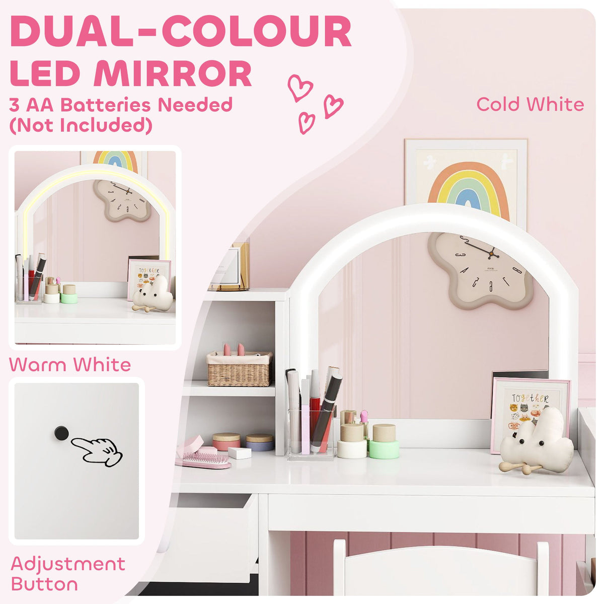 Kids Vanity Set, Toddler Dressing Table and Chair Set with Lighted Mirror, Cabinet, Drawer and Shelves, Pink