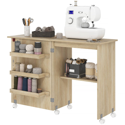 Sewing Machine Cabinet, Folding Sewing Table with Storage Shelf, Bins and Lockable Wheels for Small Space, Brown