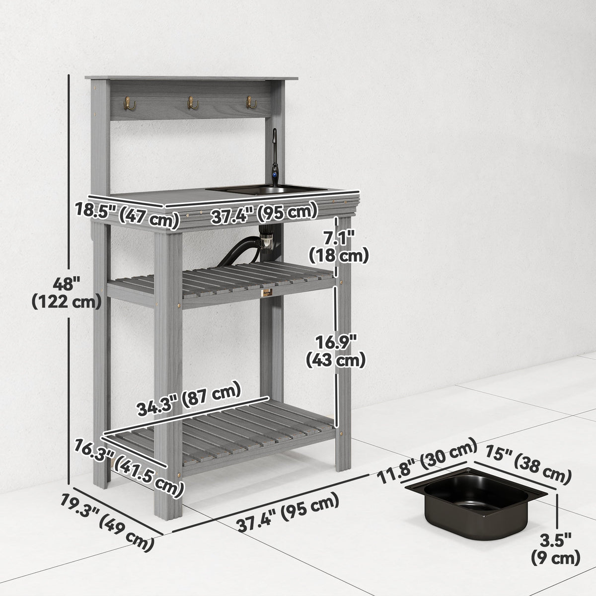 Outdoor Potting Bench Table with Faucet, Removable Sink, Hooks and Storage Shelves, Wood Work Bench Workstation, Grey