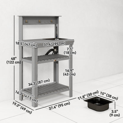 Outdoor Potting Bench Table with Faucet, Removable Sink, Hooks and Storage Shelves, Wood Work Bench Workstation, Grey