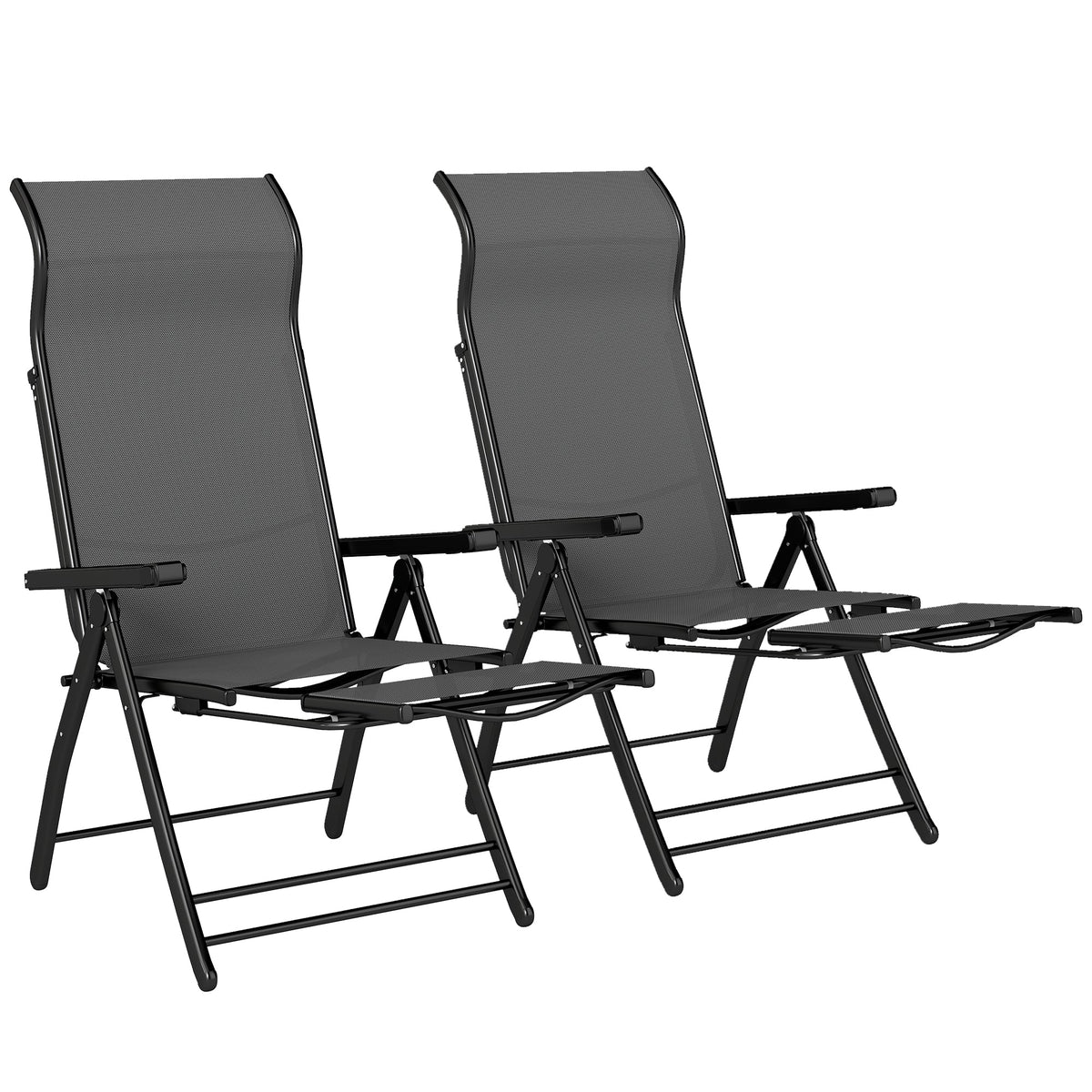 Folding Patio Chairs Set of 2, 5-Position Outdoor Lounge Chairs with High Back, Retractable Footrest, Black