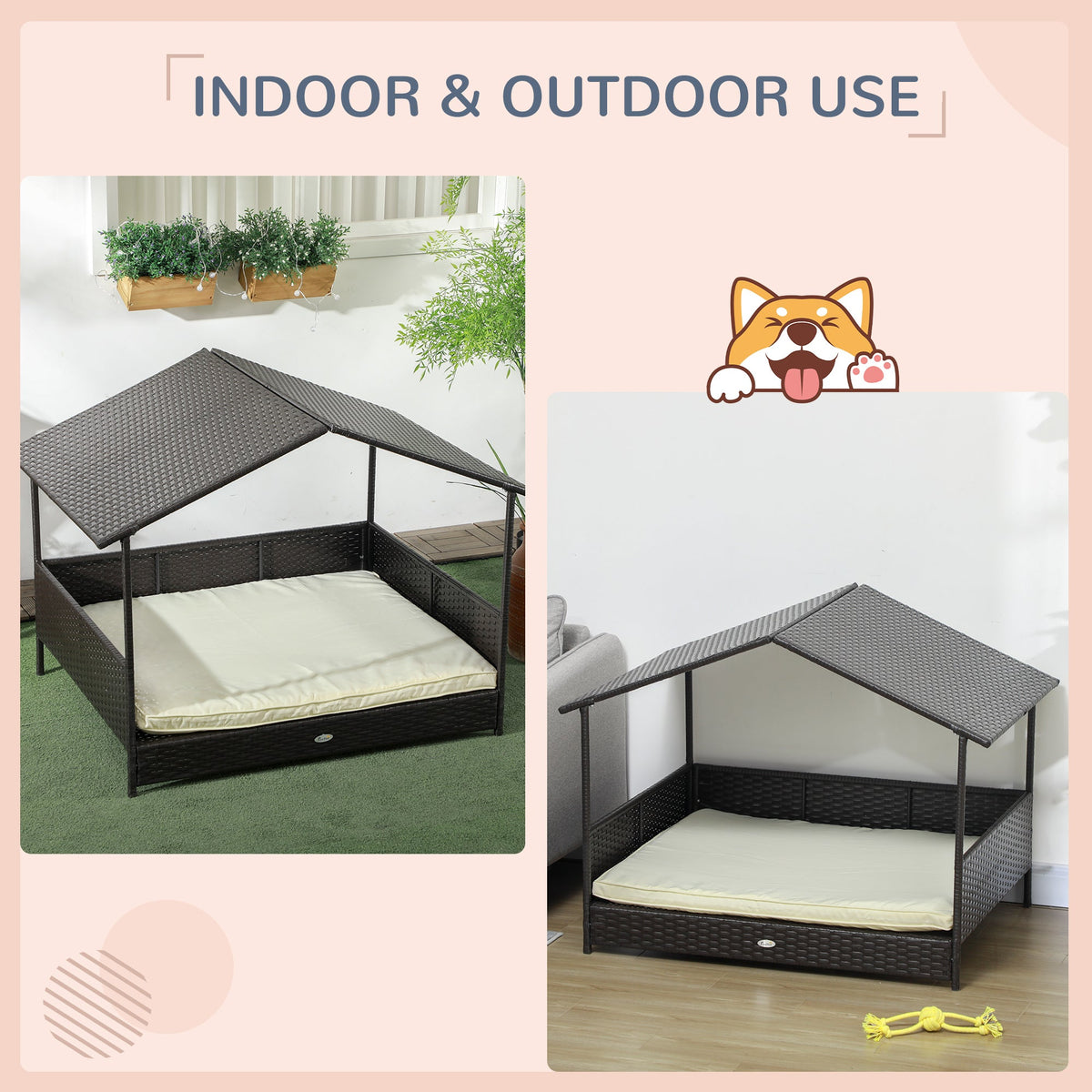 Rattan Dog House with Canopy, Wicker Dog Bed with Water-Resistant Cushion, for Small and Medium Breeds Blue