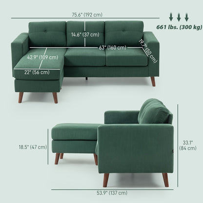 Sectional Sofa with Changeable Chaise Lounge, 3 Seat L-Shaped Small Space Sofa, Upholstered Couch for Small Space, Dark Grey