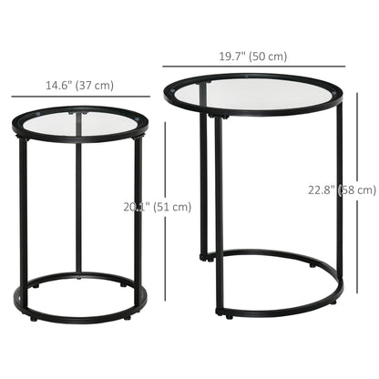Set of 2 Nesting Coffee Tables with Metal Base, Round Side Table with Tempered Glass Tabletop for Living Room, Bedroom, Black