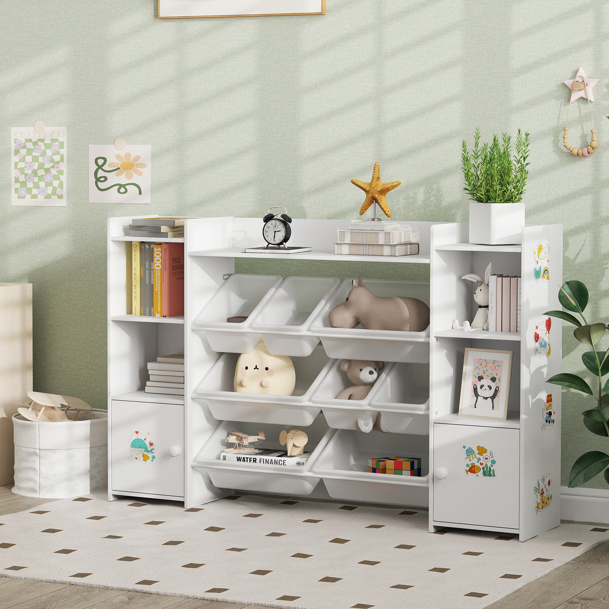 Kids Toy Organizers and Storage with 8 Removable Storage Bins and Bookshelf, White