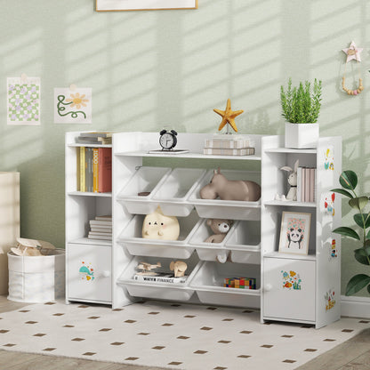 Kids Toy Organizers and Storage with 8 Removable Storage Bins and Bookshelf, White