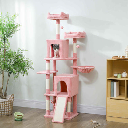 Cat Tree, 70" Multi-Level Cat Tower with 2 Condos, 2 Perches, Hammock, Toy Balls, Scratching Posts and Board, Dark Grey