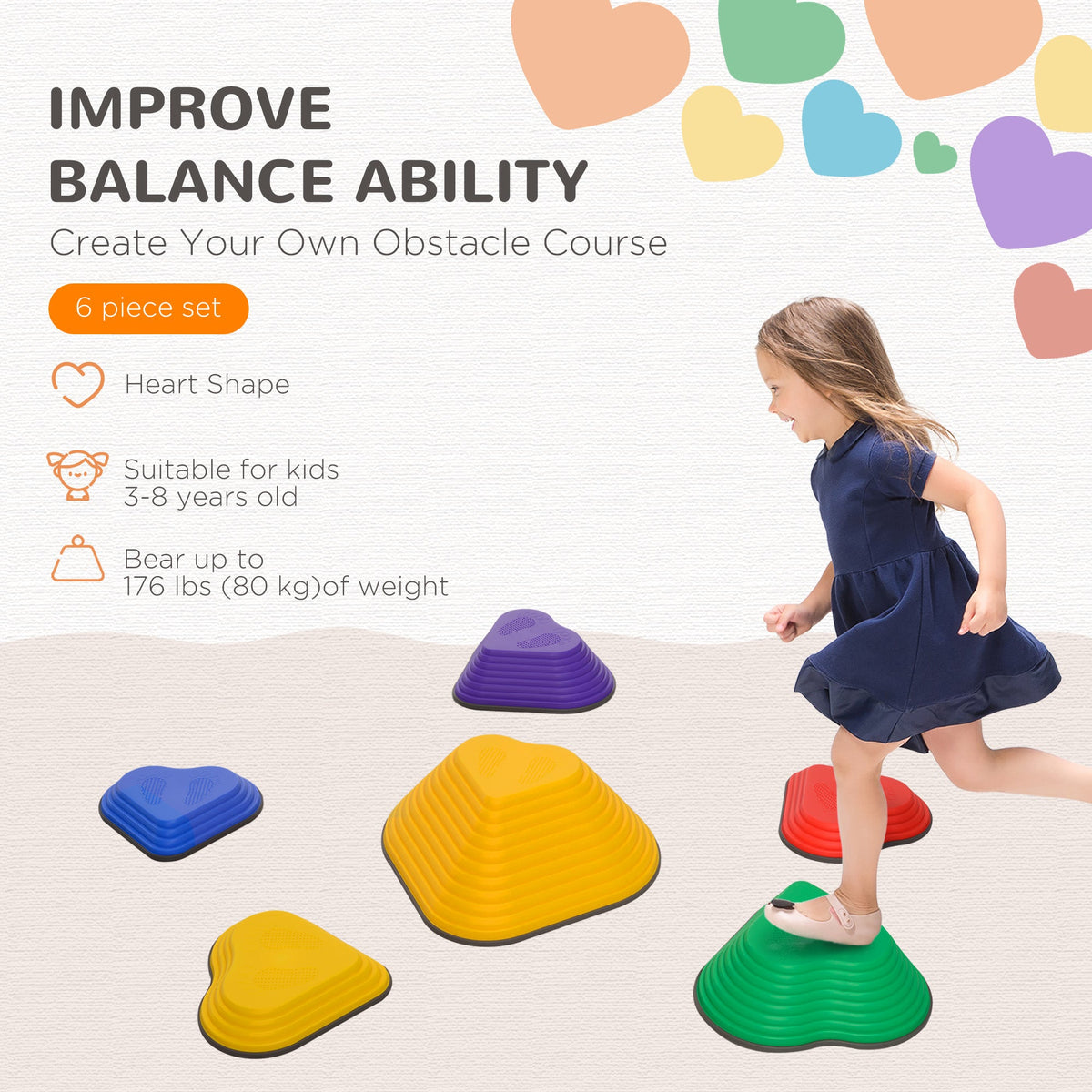6PCs Non-Slip Stackable Kids Stepping Stones, Heart-Shaped