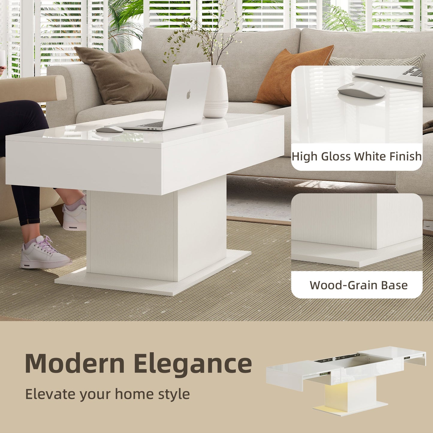 Halston Extendable Coffee Table with LED Lights and Hidden Storage-White