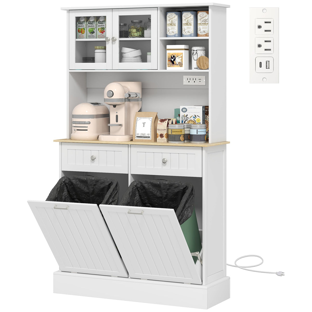 Kitchen Cabinet with Charging Station, 2 Tilt Out Cabinets, Microwave Stand, Freestanding Kitchen Pantry Cabinet, Black