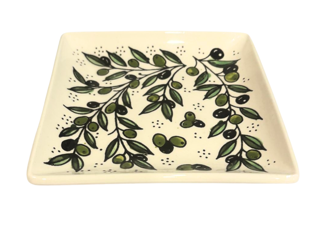 Hand-Painted Olive Branch Ceramic Square Plate | Palestinian Pottery from Hebron