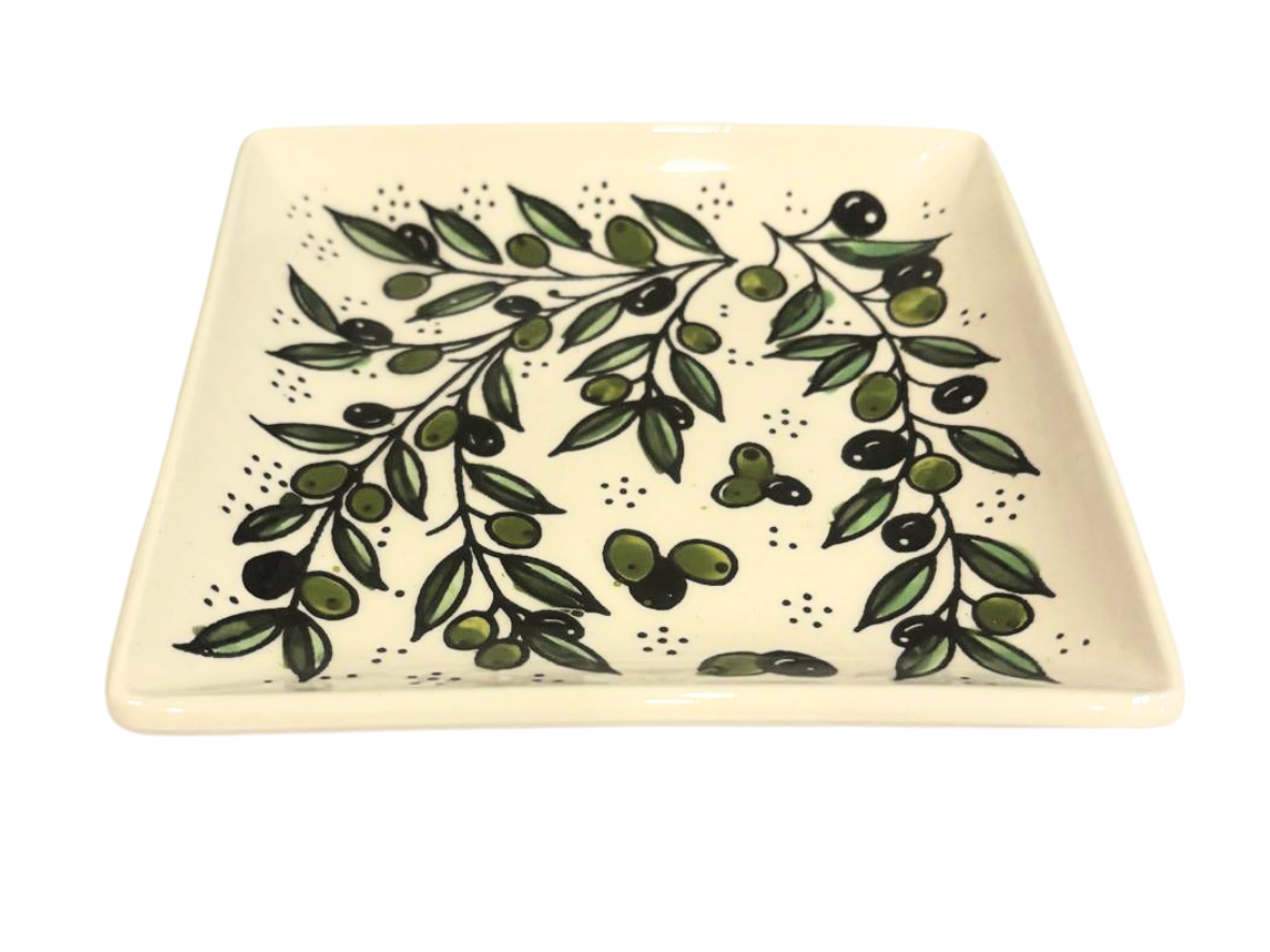 Hand-Painted Olive Branch Ceramic Square Plate | Palestinian Pottery from Hebron