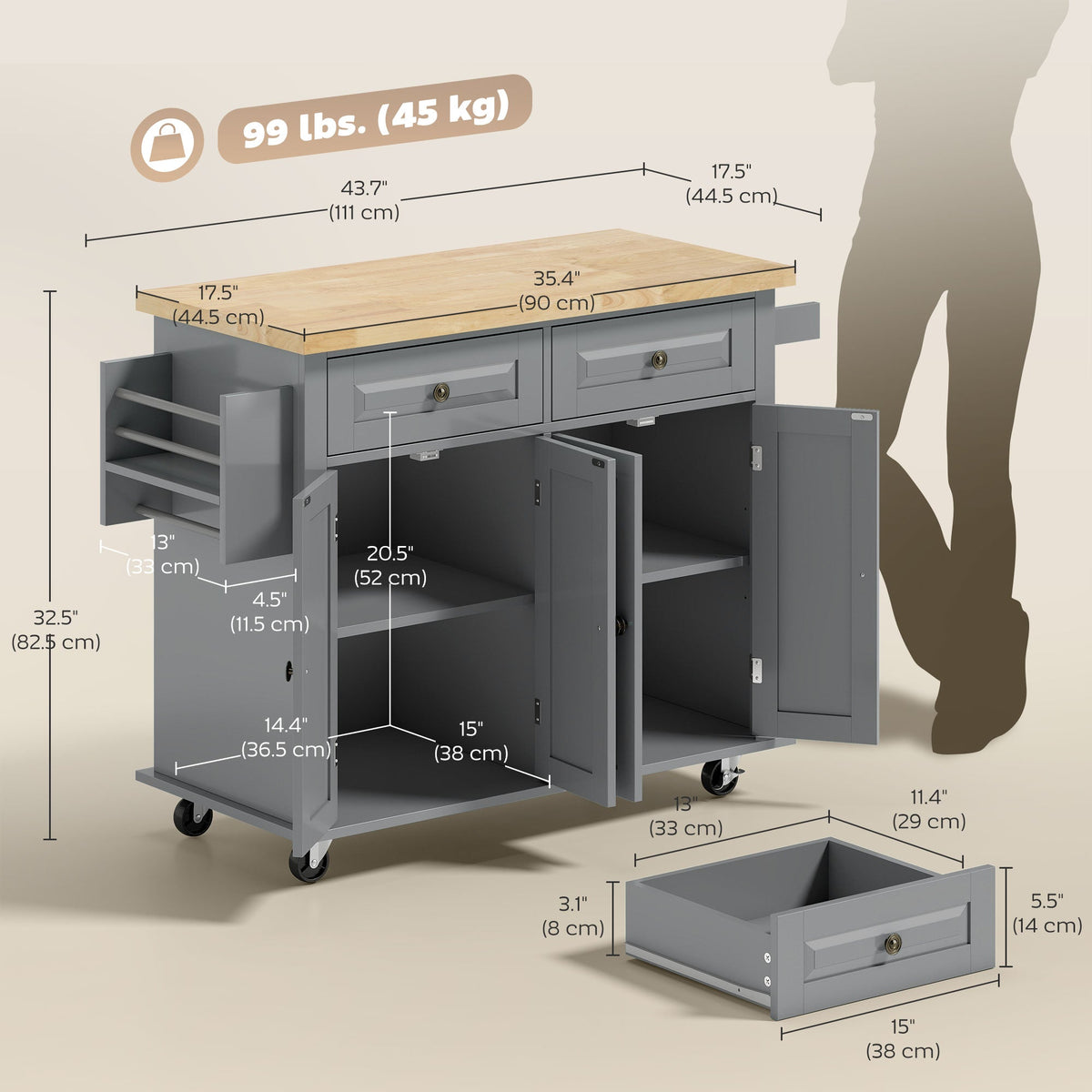 Kitchen Island with Storage, Rolling Trolley Cart with Rubber Wood Top, Spice Rack, Towel Rack, Brown Oak