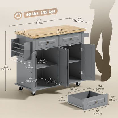 Kitchen Island with Storage, Rolling Trolley Cart with Rubber Wood Top, Spice Rack, Towel Rack, Brown Oak