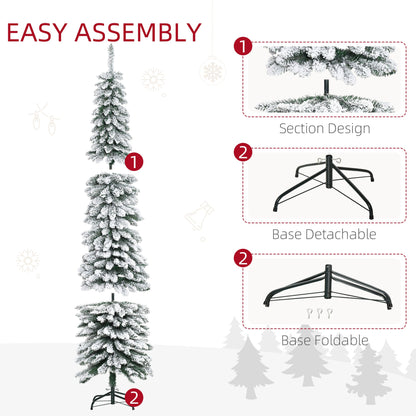6 Ft Snow-Flocked Artificial Christmas Tree, Slim Pencil Xmas Tree with Realistic Branches, Metal Base, Green