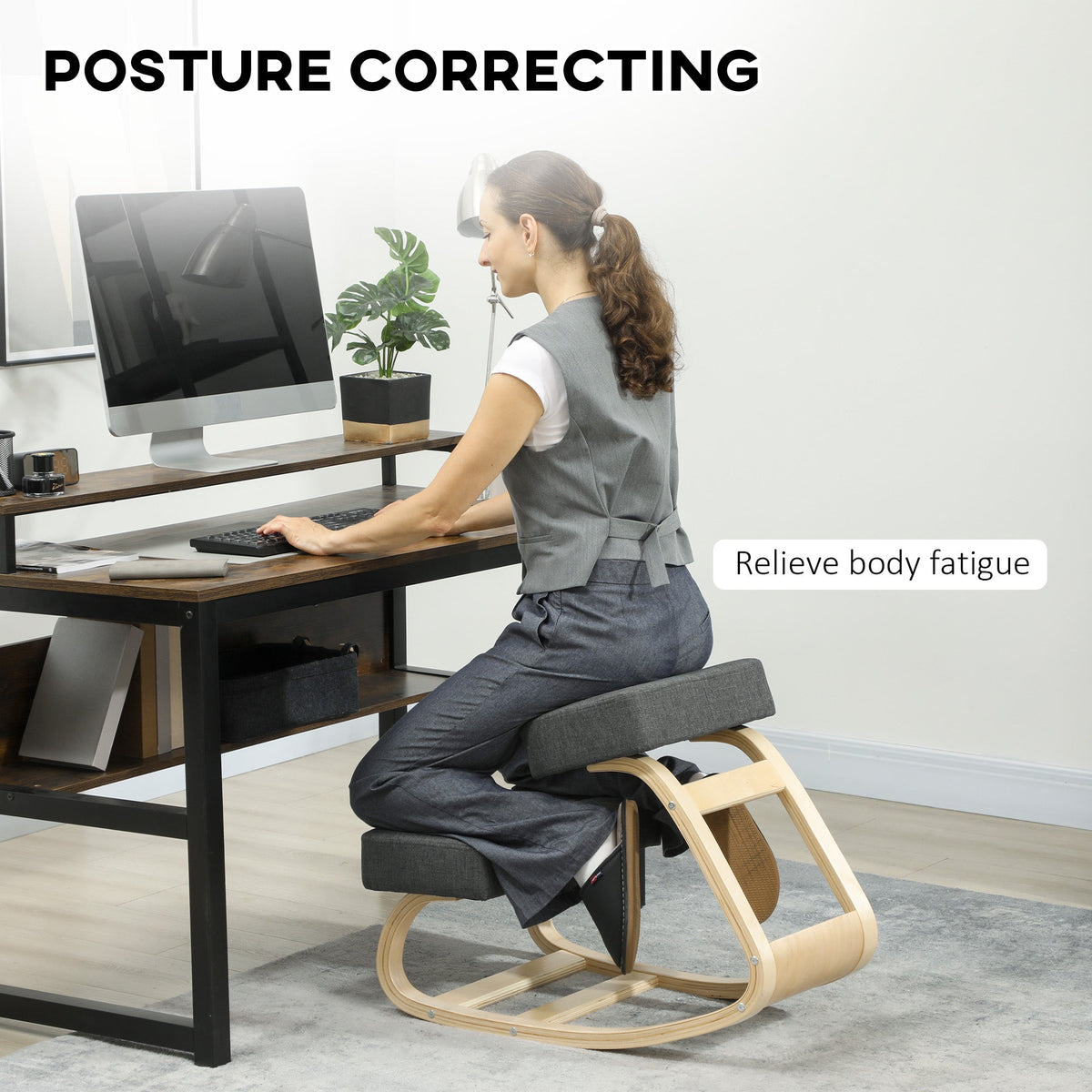 Ergonomic Kneeling Chair, Wood Kneel Stool with Thick Pads, Desk Knee Chair, Improve Posture, Black