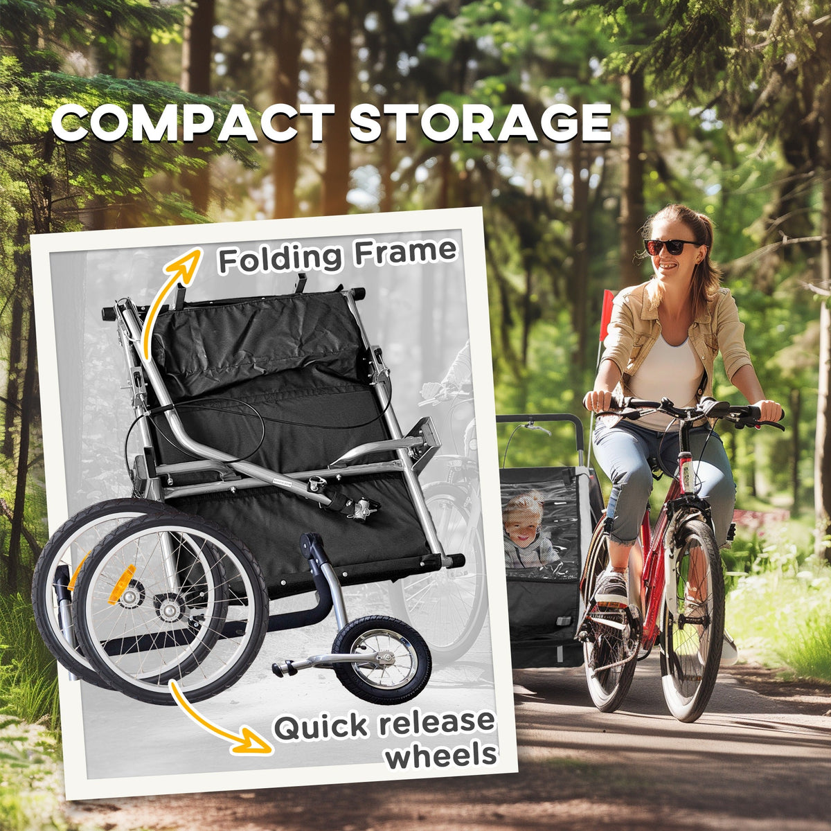 2-in-1 Bike Trailer for Kids, Foldable 2-Seat Baby Stroller with 5-Point Harness, Rubber Wheels, Storage Bag, Black
