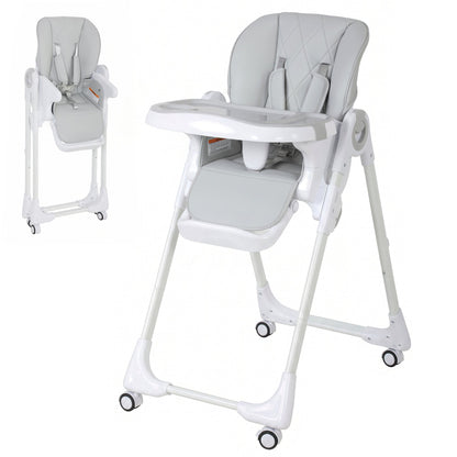 High Chair with Wheels, Double Tray, Foldable Baby Seat with Adjustable Seat Height, Backrest, Footrest and Tray, Grey