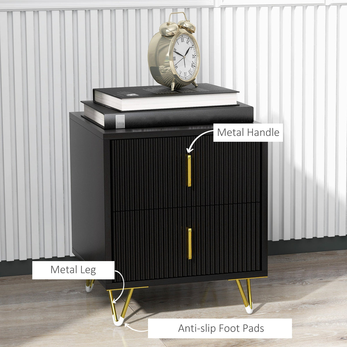 Bedside Table, Modern Nightstand with 2 Drawers, Side End Table with Metal Legs for Living Room, Bedroom, White